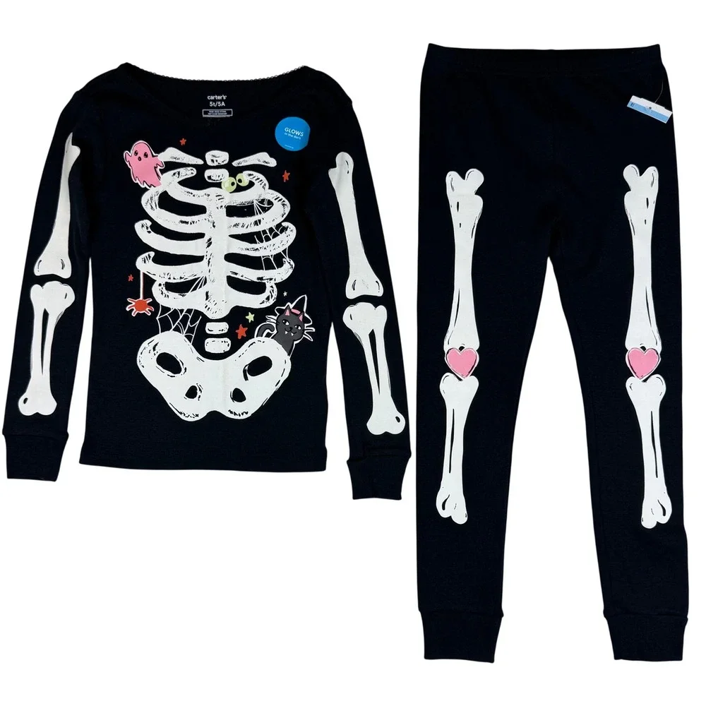 Carter's Pajama 2PC Set Skeleton Glow Halloween Toddler Girls 5T /5A Black Fall